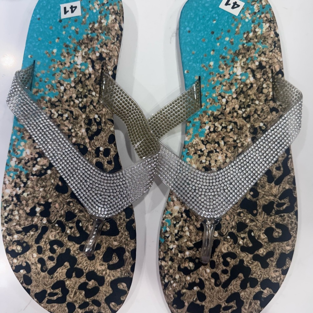 Womens Rhinestone Leopard Flip Flops - Turquoise/Brown